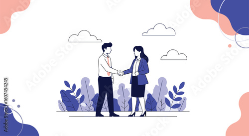 Successful business partnership established through professional handshake between two colleagues in a pleasant outdoor environment symbolizing growth and collaboration