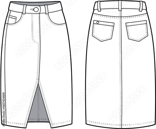 Women's denim midi skirt flat sketch, front slit pencil skirt fashion template, technical garment illustration, modern clothing design outline
