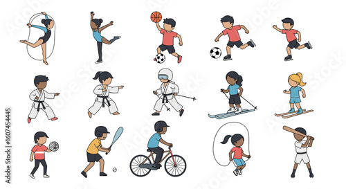 Diverse group of children actively participating in a variety of popular sports and recreational activities representing healthy lifestyles
