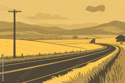  wide empty road leading through golden fields, rolling hills in the distance, hazy atmosphere, tranquil and serene landscape, dramatic sky, cinematic lighting, muted colors, digital art, highly det