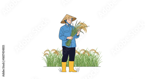 A farmer stands proudly in a field holding a bundle of harvested grain ready for the season's bounty