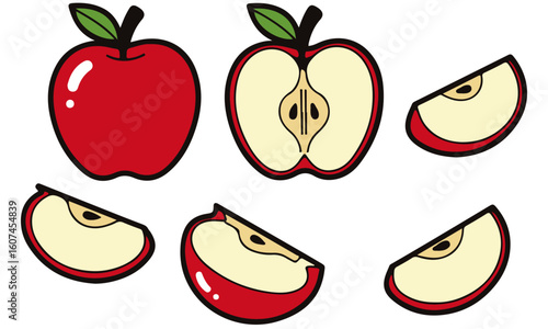 Red Apple Vector Illustration Set: Whole, Halved, and Sliced Fruit Graphics – Detailed Line Art of Fresh Apples for Healthy Food and Design Projects