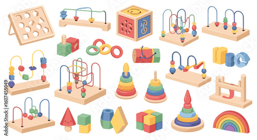 Collection of wooden educational toys for early childhood development and learning fun