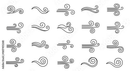 Collection of stylized wind and airflow illustrations representing weather phenomena and movement