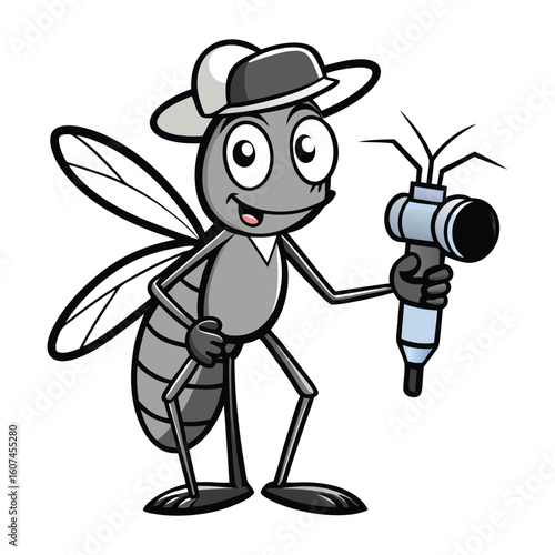 Cartoon mosquito wearing a hat holding a spray can