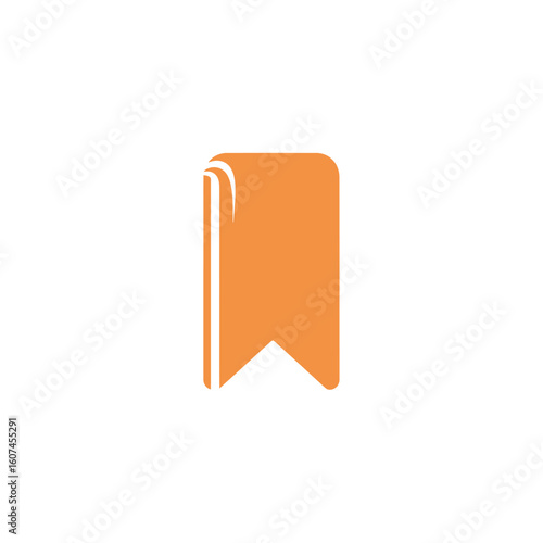 Stylized orange book icon with a ribbon bookmark shape and page details.