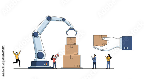 Illustrating automated logistics and warehouse management systems with robotic arms and human collaboration for efficient product delivery and inventory control