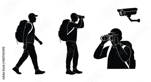 Hikers exploring nature and observing wildlife with binoculars while being monitored by a surveillance camera