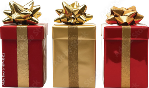 Red and gold wrapped presents with gold bows gifts