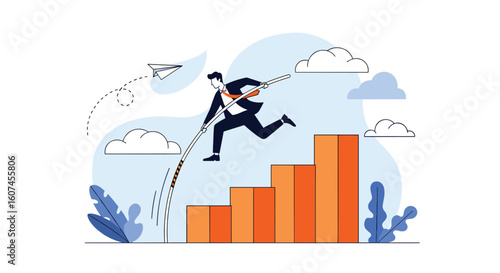 Successful businessman climbing stairs to achieve career growth and business success symbolizing upward trend and progress