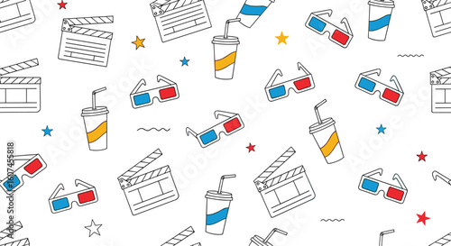 A vibrant collection of cinematic elements celebrating the magic of movies and entertainment with popcorn and fun