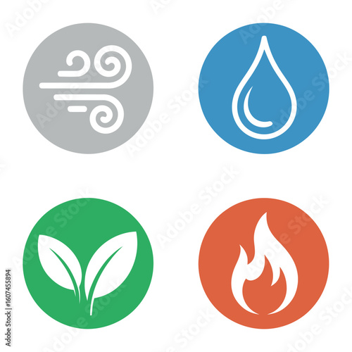 Four Elements Icons Representing Air, Water, Earth, and Fire for Natural Balance and Environmental Concepts in Graphic Design