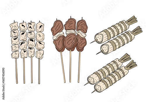 Colorful Flat Lay Skewer Food Illustration of Meat and Seafood Delights