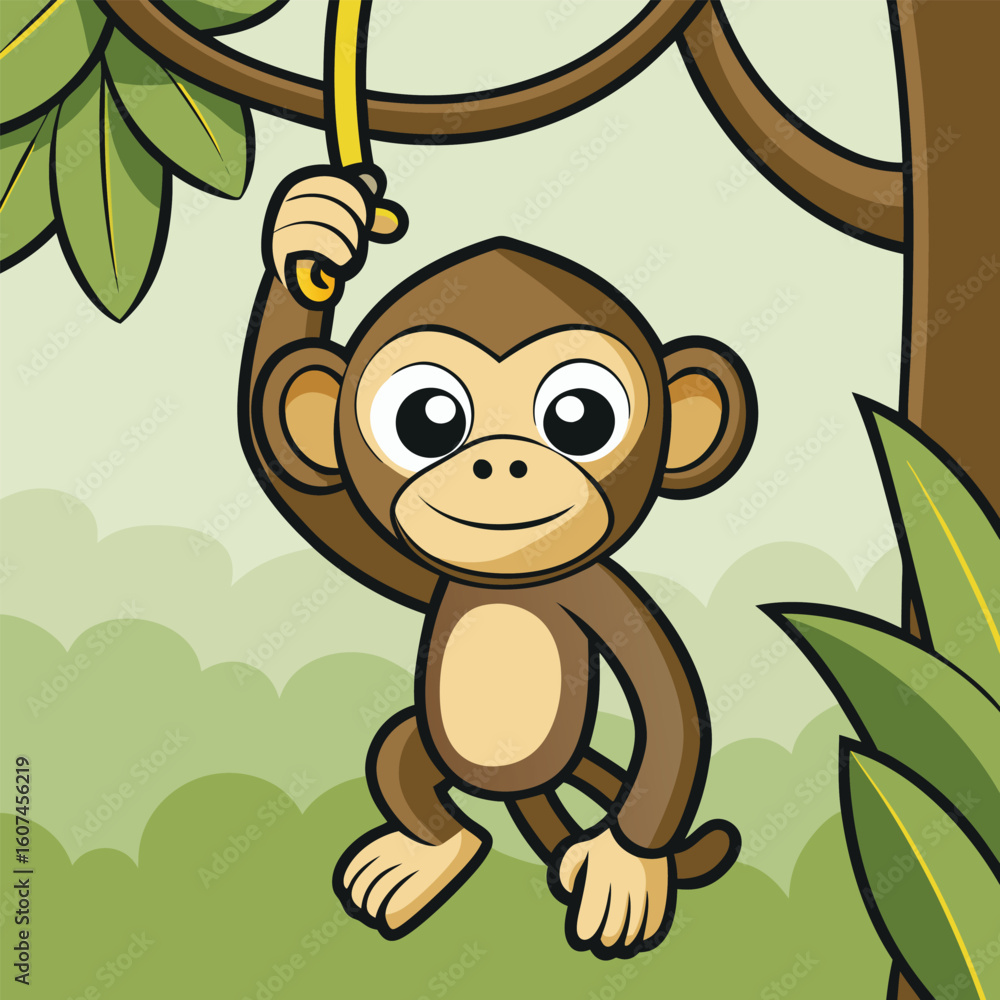 Obraz premium Cute cartoon monkey hanging from a vine animal