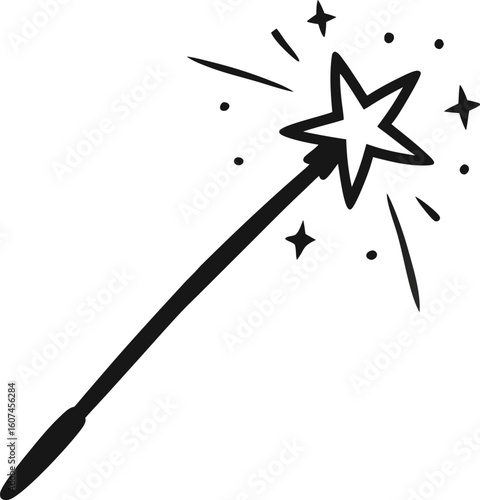 Magic Wand with Sparks Black and White Doodle