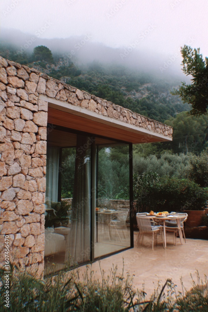 Obraz premium A contemporary stone house gracefully situated amidst the enchanting, misty mountains, featuring an inviting outdoor dining area beautifully arranged for breakfast, basking in the gentle morning light
