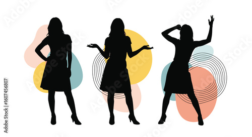 Dynamic silhouettes of three women dancing gracefully with abstract colorful shapes in the background