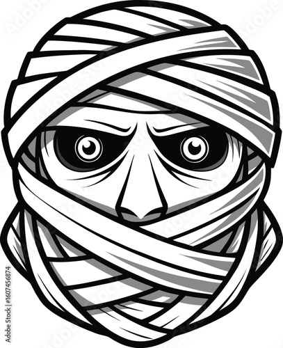 Mummy Face Wrapped in Bandages Black and White Doodle