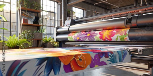 A large industrial printing machine is producing a floral pattern on fabric