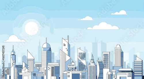 Pixel art cityscape with futuristic skyscrapers under a bright sunny sky with fluffy clouds
