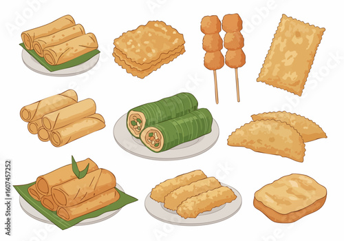 Handdrawn Delicious Indonesian Street Food and Snack Flat Illustration