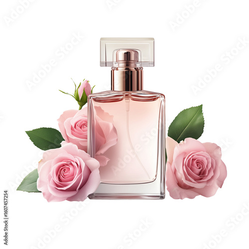 A luxurious perfume bottle surrounded by blooming pink roses,  on transparent png background. Ai generated