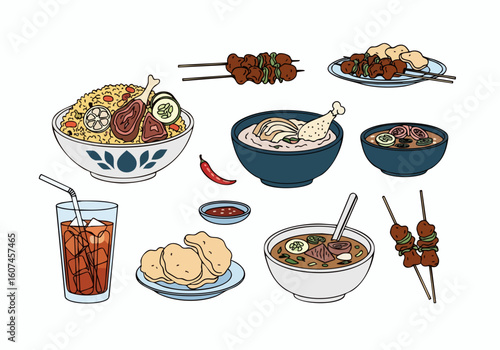 Handdrawn Colorful Indonesian Culinary Dishes Delicious Food Illustration Pack