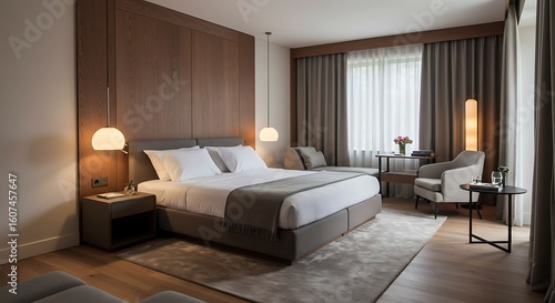 Interior of a luxurious modern hotel bedroom with a large bed, elegant wood paneling, and a cozy seating area by the window