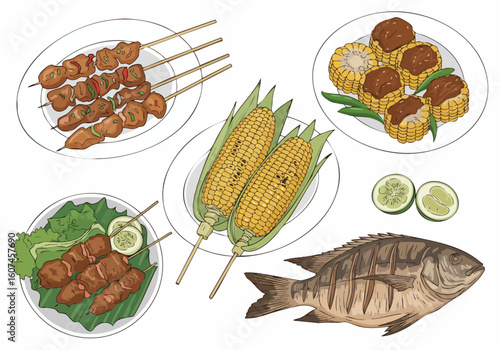 Watercolor Handdrawn Traditional Grilled Food Set Indonesian Cuisine Illustration