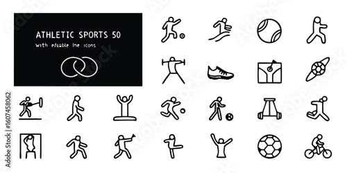Set of 50 icons representing different sports, showcasing equipment and athletes in a vibrant and engaging style..eps