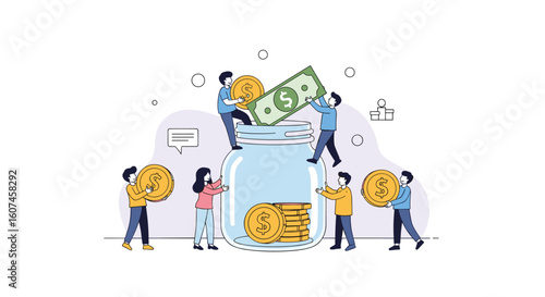 People contributing coins and banknotes to a large glass jar symbolizing collective savings and financial growth