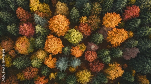A top-down view of a forest with trees in all shades of autumn