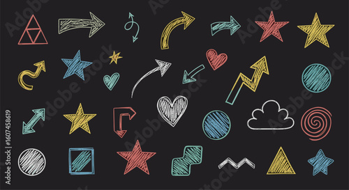 Collection of chalk drawn handcrafted arrows stars hearts circles clouds triangles and abstract shapes on a dark background