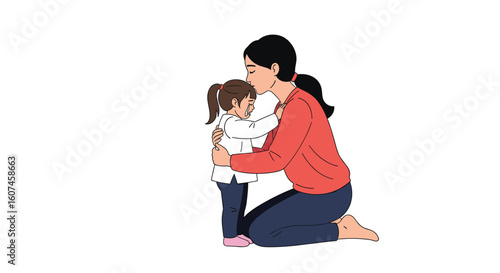 A loving mother gently hugs her young daughter showing affection and care with warmth and tenderness