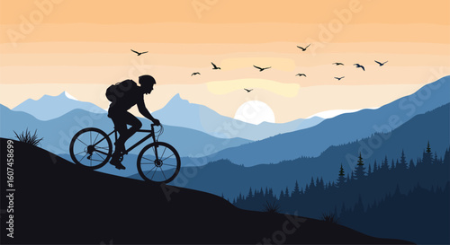 Silhouette of a mountain biker ascending a steep trail against a vibrant sunset sky with layered blue mountains and flying birds in the distance symbolizing freedom and adventure
