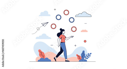 Illustration of a woman skillfully juggling multiple abstract shapes against a backdrop of stylized clouds and foliage depicting a sense of balance and multitasking efficiency