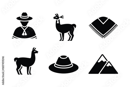 Person wearing hat llama poncho mountains silhouette animal