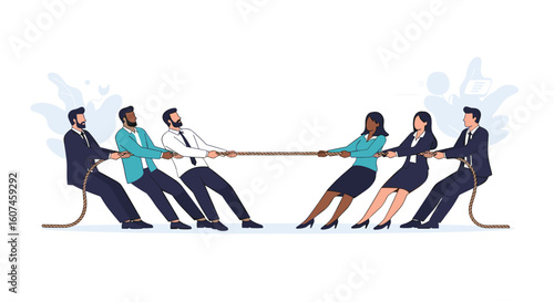 Diverse business professionals engaged in a fierce tug of war competition symbolizing corporate conflict resolution strategy