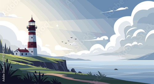 A majestic lighthouse stands tall on a verdant cliff overlooking a serene coastal landscape under a cloudy sky