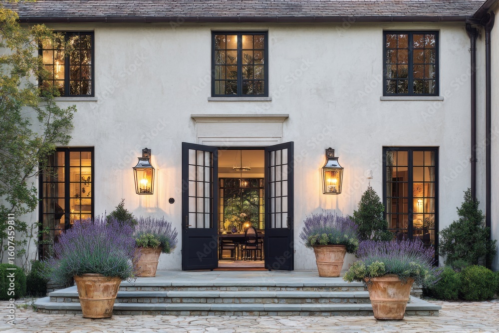 Fototapeta premium Elegant house entrance with grand double doors, Mediterranean plants, and warm lighting in a serene outdoor setting during twilight