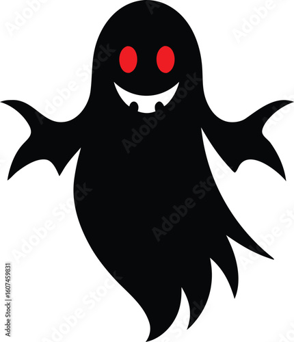 Spooky Halloween monster icon. Vector illustration of a black ghost character with glowing red eyes. Scary phantom or ghoul for horror designs, isolated on white background.