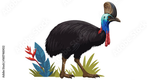 A cassowary in rainforest, vector colorful dangerous bird, white background
