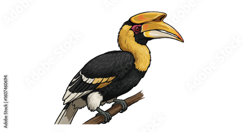 A hornbill with big beak, vector exotic style, white background