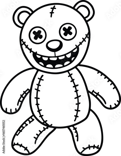 Smiling Stitched Teddy Zombie Black and White Doodle