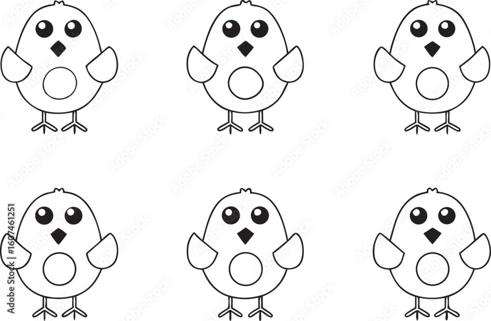 Fototapeta premium A Whimsical Gathering of Six Adorable Chick Illustrations Perfect for Springtime Festivities and Easter Themed Designs