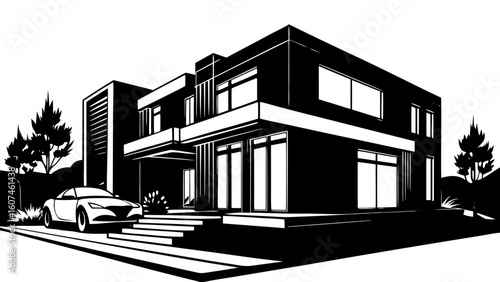 A modern house with a car parked in front and trees in the background in black and white style created with generated ai