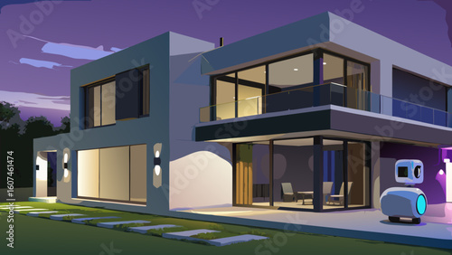 Modern house with large windows at dusk and a small robot on the patio near the house at night time created with generated ai