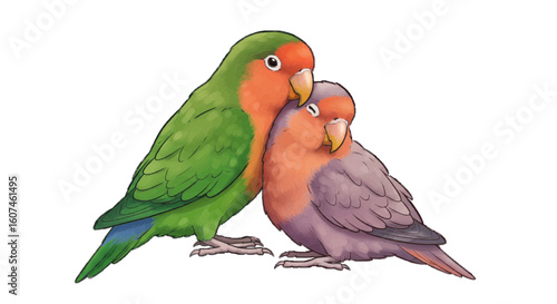 A lovebird pair cuddling, vector heartwarming style, white background