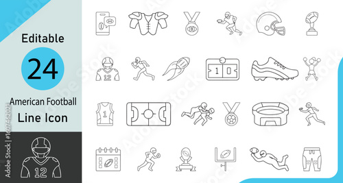 Editable and classic American football or rugby icon set, American football elements vector icon Includes sports shoe, Sport medal, Sports Helmet, Stadium, Whistle on a lanyard, player and more