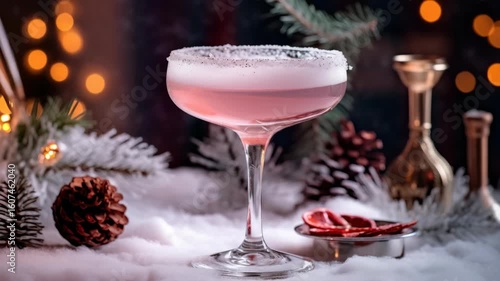 Festive pink drink sparkles with snowy rim, pine cones, evergreen branches, lights for New Year Christmas holiday celebration winter season